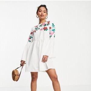 ASOS DESIGN mini dress. Sz 14. Smock floral embroidery bell sleeves fluted white